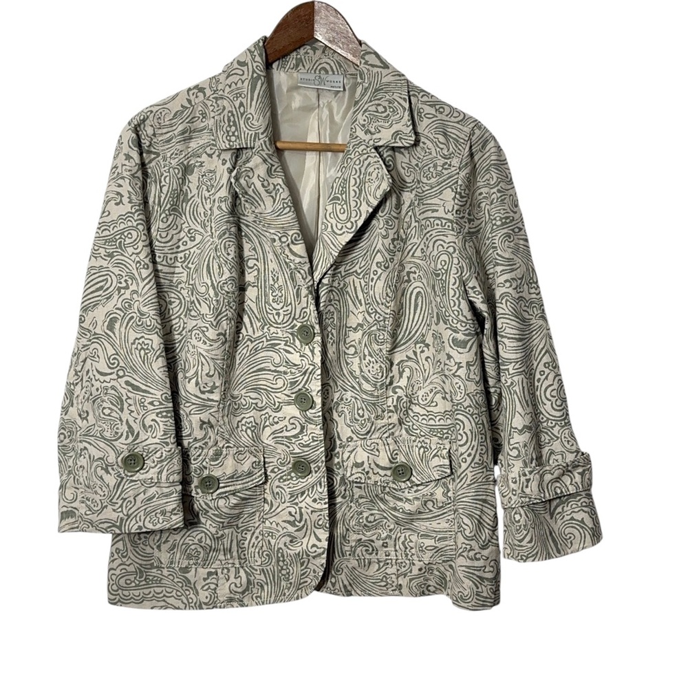 Studio Works Linen Blend Paisley Print Jacket Size Womens Petite L